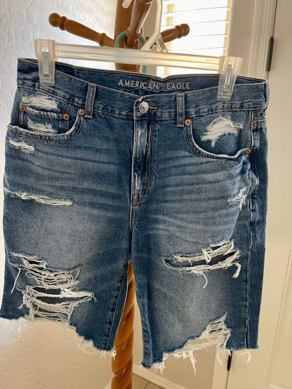 American Eagle Outfitters Ripped Mid-Blue Denim Bermuda Shorts